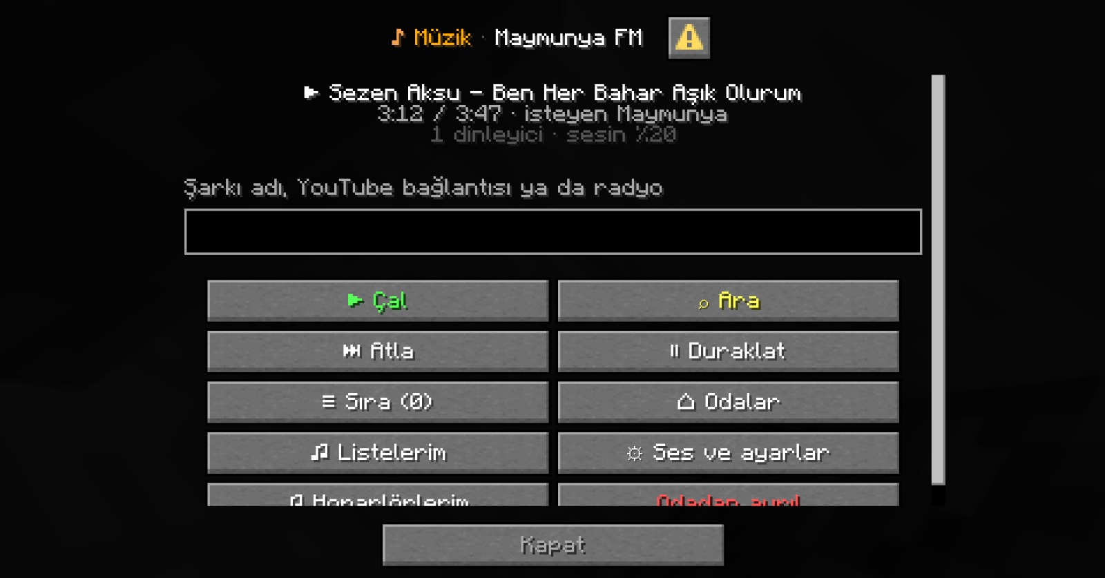 oyun içi müzik menüsü
